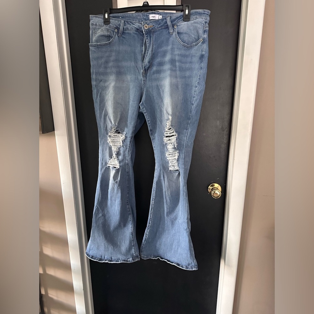 Trendy Light Blue Distressed Flare Jeans